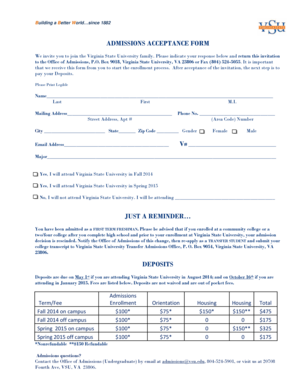 Virginia State University Admissions Acceptance Form