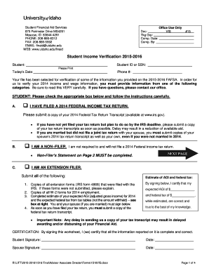 Student Income Verification Form 2015-2016