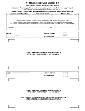 Vincennes University Payroll Direct Deposit Authorization