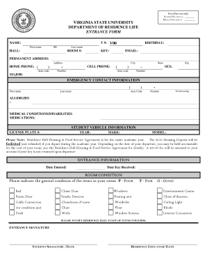 Virginia State University Residence Life Entrance Form