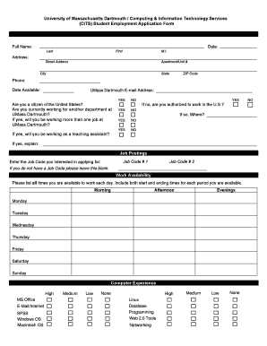 UMass Dartmouth Student Employment Application Form