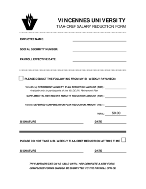 Vincennes University TIAA-CREF Salary Reduction Form