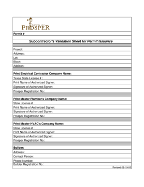 Subcontractor's Validation Sheet for Permit Issuance