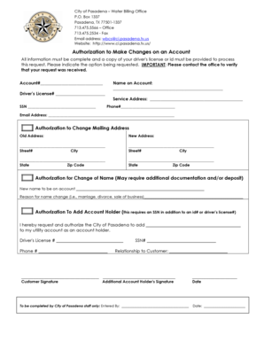 City of Pasadena Water Billing Account Change Authorization