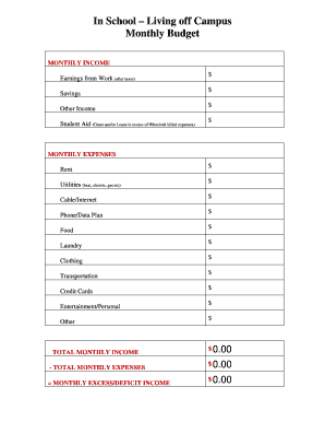 Student Monthly Budget Template