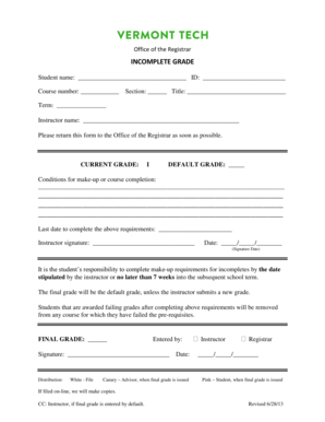 Incomplete Grade Form