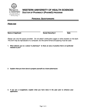 Western University PharmD Personal Questionnaire