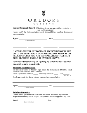 Lost or Destroyed Immunization Record Form