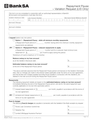 BankSA Repayment Pause Variation Request