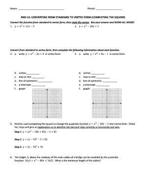 Math Worksheet - Converting to Vertex Form