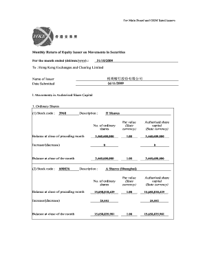 Hong Kong Monthly Return of Equity Issuer on Movements in Securities