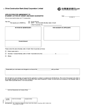 Application for Amendment to Standby Letter of Credit and Bank Guarantee