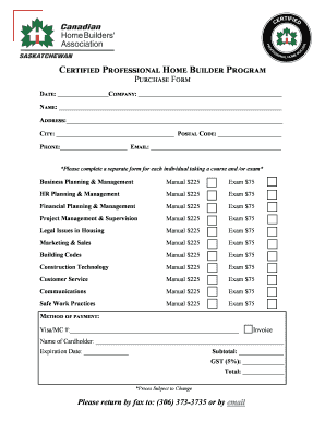 Certified Professional Home Builder Program Purchase Form
