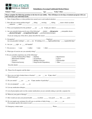 Rehabilitation Screening Medical History Form