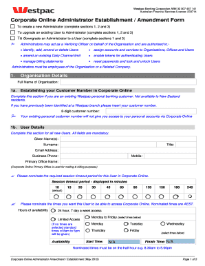 Westpac Corporate Online Administrator Form