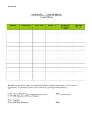 Zero Fatalities Texting and Driving Training Roster