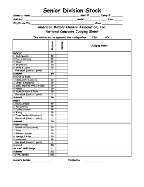 National Concours Judging Sheet