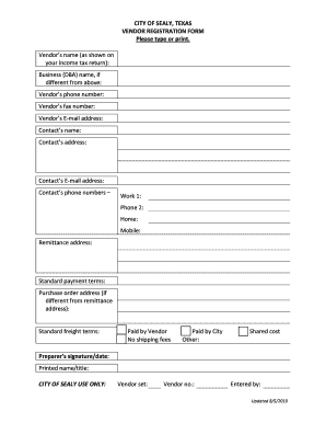 Time sheet template - CITY OF SEALY TEXAS VENDOR REGISTRATION FORM Please type