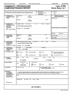 Texas Campaign Finance Report Cover Sheet