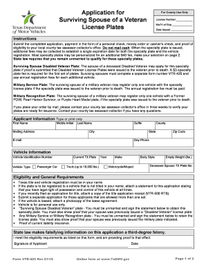 Texas Surviving Spouse Veteran License Plate Application