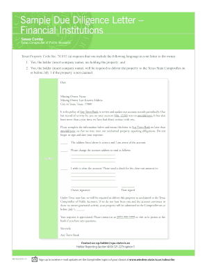 Texas Due Diligence Letter for Financial Institutions