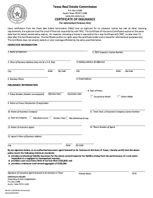 Texas Real Estate Inspector Certificate of Insurance