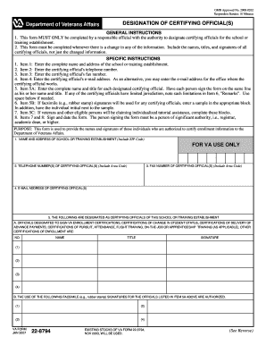 VA Form 22-8794 Designation of Certifying Officials