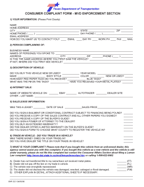 Texas Consumer Complaint Form - MVD Enforcement