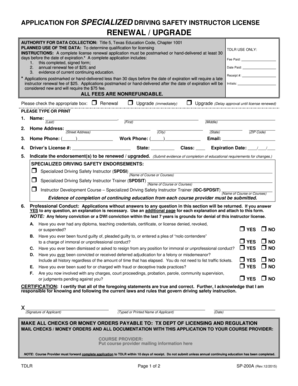 Texas Specialized Driving Safety Instructor License Application