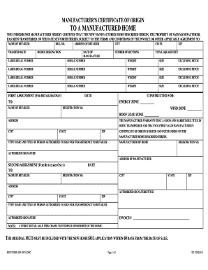 Manufacturer's Certificate of Origin for Manufactured Home