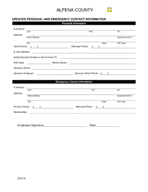 Alpena County Personal and Emergency Contact Information Form