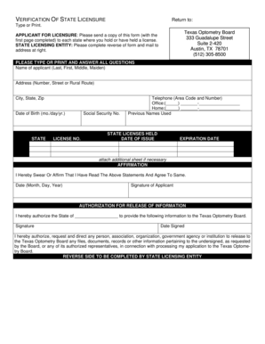 Texas Optometry Board Licensure Verification Form