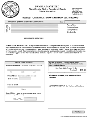 Michigan Death Record Verification Request