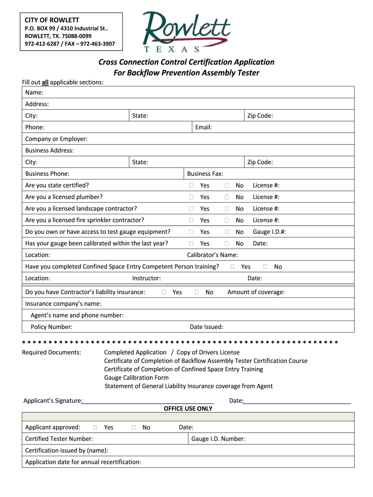 Backflow Tester Application - Rowlett - ci rowlett tx Preview on Page 1.