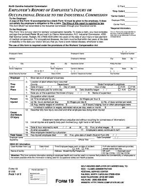 North Carolina Form 19 Employer's Report of Employee's Injury
