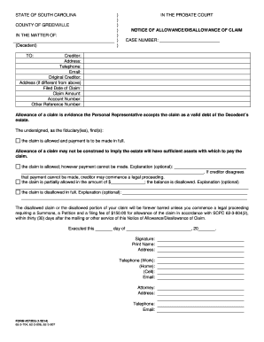 South Carolina Notice of Allowance/Disallowance of Claim