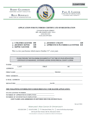 Fillable Online harfordcountymd APPLICATION FOR PLUMBERS CERTIFICATE OF ...