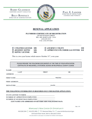Plumbers Certificate of Registration Renewal Application
