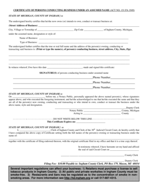 Certificate of Persons Conducting Business Under an Assumed Name