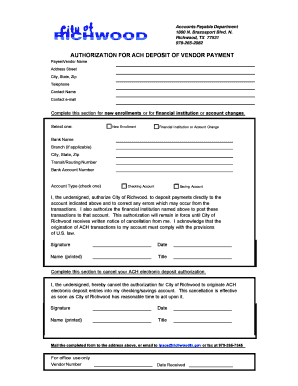 AUTHORIZATION FOR ACH DEPOSIT OF VENDOR PAYMENT