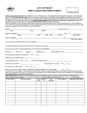 Employee attendance sheet in excel - CITY OF TROUP APPLICATION FOR EMPLOYMENT FOR OFFICE USE ONLY PRINT IN BLACK INK OR TYPE