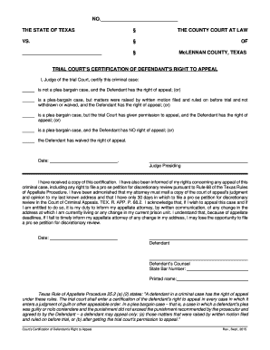 Texas Court Certification of Defendant's Right to Appeal
