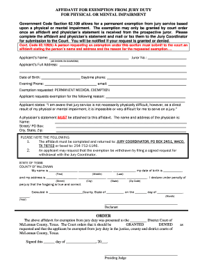 Affidavit for Exemption from Jury Duty