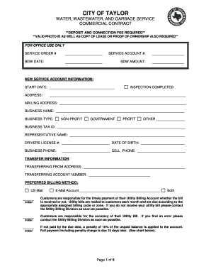 Exercise log template - CITY OF TAYLOR WATER, WASTEWATER, AND GARBAGE SERVICE COMMERCIAL CONTRACT **DEPOSIT AND CONNECTION FEE REQUIRED** **VALID PHOTO ID AS WELL AS COPY OF LEASE OR PROOF OF OWNERSHIP ALSO REQUIRED** FOR OFFICE USE ONLY SERVICE ORDER # SERVICE