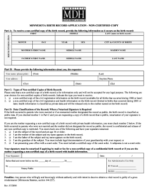 Minnesota Birth Record Application - Non-Certified Copy
