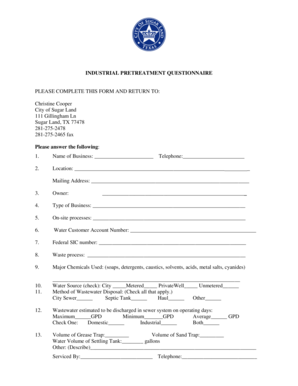 Intake output chart - INDUSTRIAL PRETREATMENT QUESTIONNAIRE - sugarlandtx