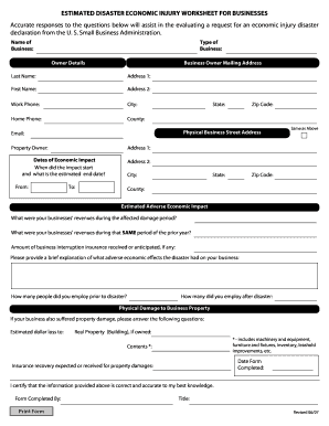 Estimated Disaster Economic Injury Worksheet
