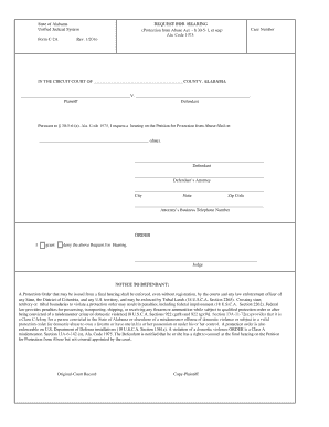 Alabama Protection from Abuse Hearing Request