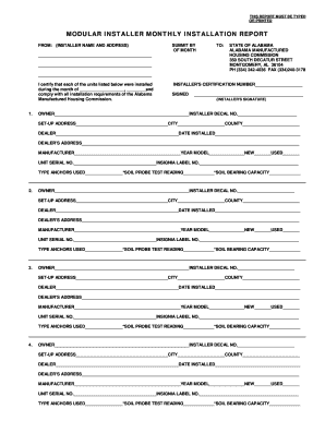 Alabama Modular Installer Monthly Installation Report