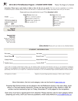 2012–2013 PTA Reflections Program Student Entry Form